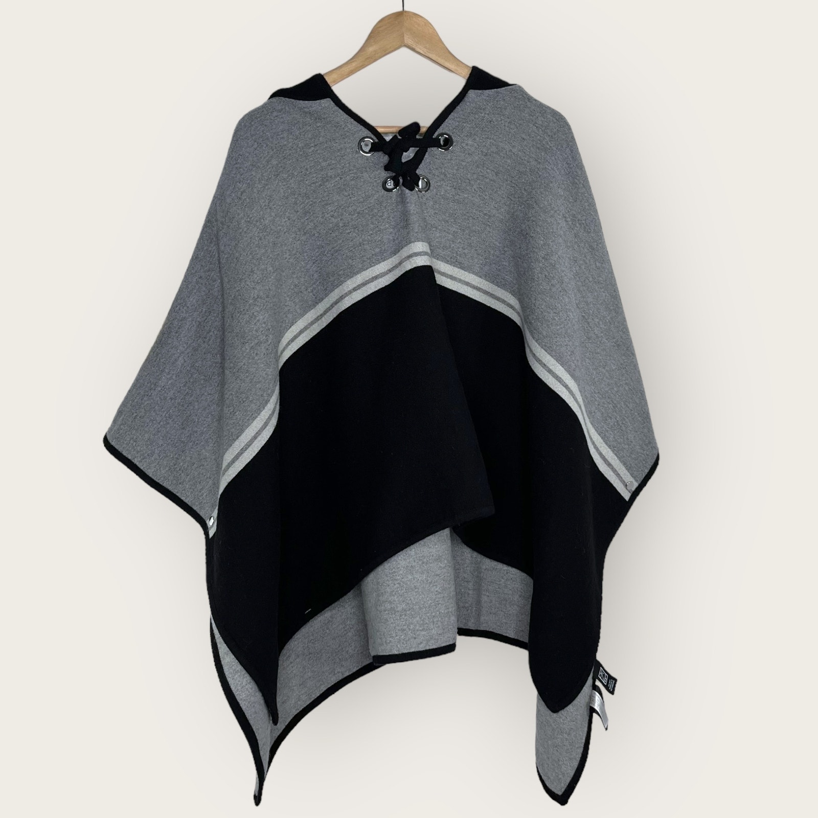 Ba&Sh Oversized Hooded Sweater Colorblock Tight Knit Poncho Cape Black Grey Os